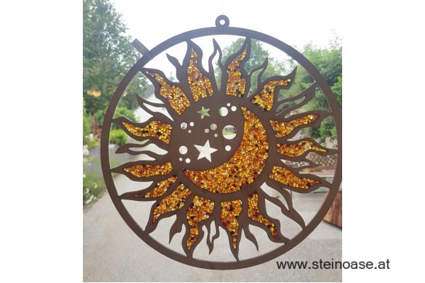 Fensterbild Suncatcher Bernstein - SONNE, MOND & STERNE Ø 20cm